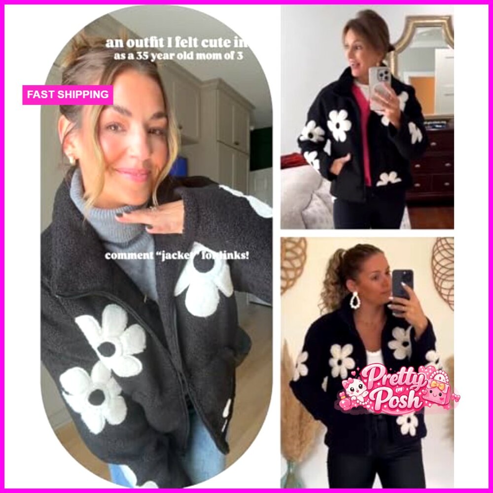 Floral Print Sherpa Fleece Jacket Zipper Cropped Coat Long Sleeve - Picture 5 of 7